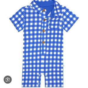 Posh peanut Joshua Blue and White Gingham Button Down collared romper